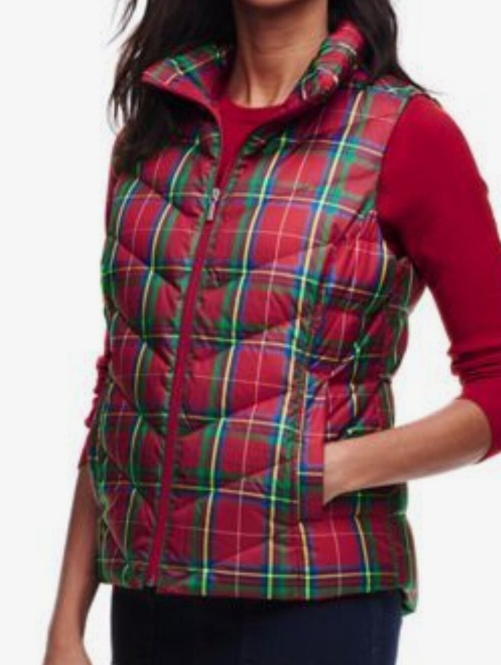 Women's Lands End Down Puffer Vest Red Tartan Plaid Full Zip Size 1x Petite